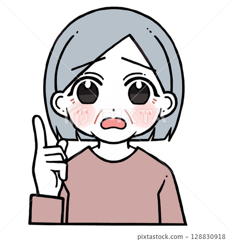 Illustration of an elderly woman with a troubled face pointing up 128830918