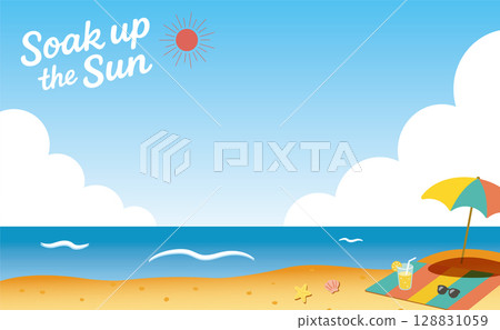 遮陽傘和冰檸檬水，夏日海濱風光（沐浴陽光）01 128831059