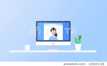 A woman communicating through a computer screen A woman communicating through a computer screen 128831108
