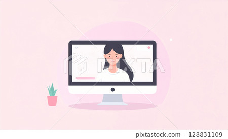 A woman communicating through a computer screen A woman communicating through a computer screen 128831109