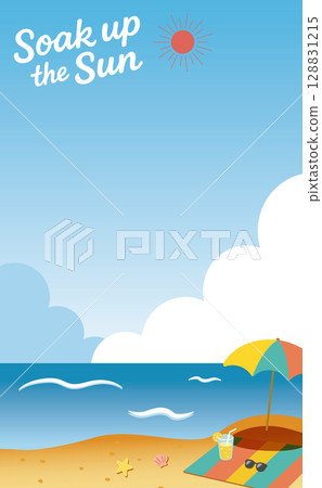 遮陽傘和冰檸檬水，夏日海濱風景_垂直（沐浴陽光）01 128831215