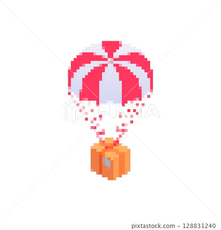 Mosaic pixelated parachute with stripe design and attached box in retro style icon Mosaic pixelated parachute with stripe design and attached box in retro style icon 128831240