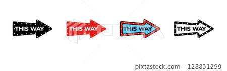 Icon set of arrows with text this way in various styles and colors for directions 128831299