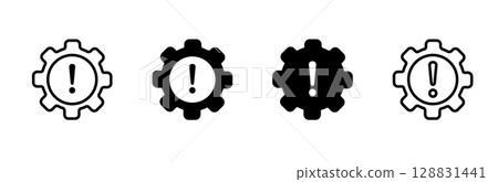 Icon set featuring gears with exclamation mark emphasizing attention and alert messages Icon set featuring gears with exclamation mark emphasizing attention and alert messages 128831441