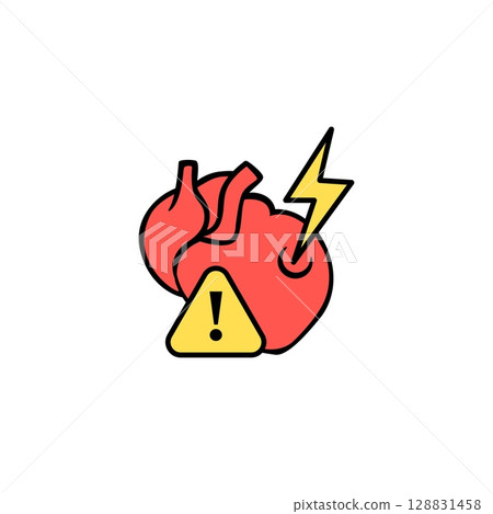 Heart illustration highlighting warning symbol and lightning sign for health awareness 128831458