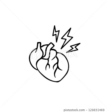 Heart with lightning symbols depicts energy and strong emotions in simple black outline 128831469