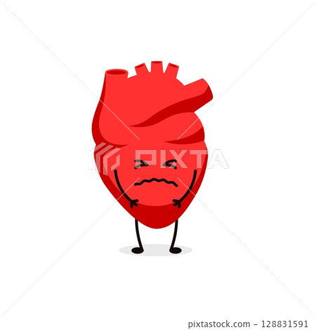 Heart character with frown showing intense emotion in a distinctive red cartoon style Heart character with frown showing intense emotion in a distinctive red cartoon style 128831591