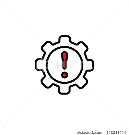 Icon of gear showing a red exclamation point for settings alert and warning notifications 128831634