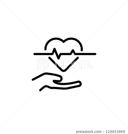 Icon showing hand holding heart health symbol with heartbeat line on top for wellness 128831669