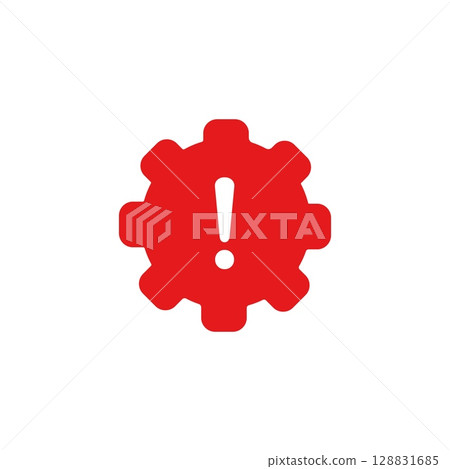 Icon showing red gear with exclamation mark signifying urgent setting or alert notification 128831685