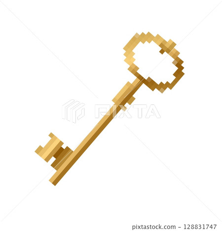 Mosaic pixel 8 bit golden key icon in retro gaming style with a vintage feel 128831747