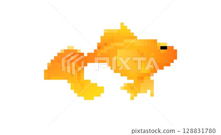 Mosaic pixel art goldfish icon in bright retro 8 bit style design for creative projects 128831780