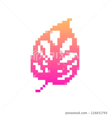 Mosaic pixel leaf icon with vibrant colors and gradual gradient in retro 8 bit style 128831793