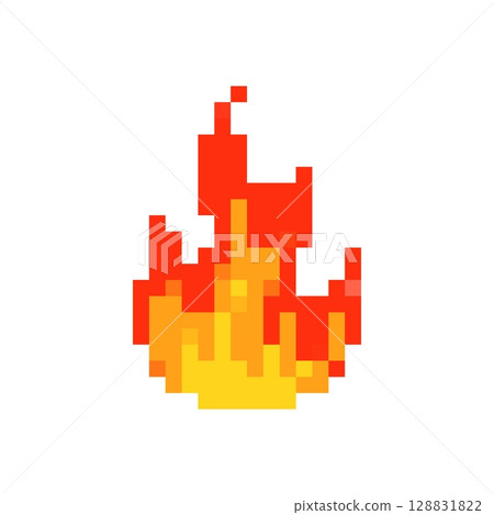 Mosaic pixel art icon depicting a bright and expressive fire in vibrant 8 bit style 128831822