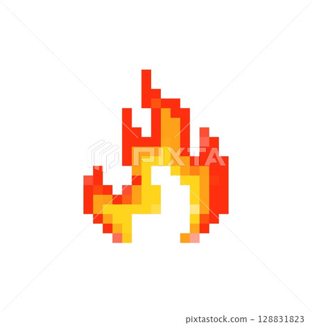 Mosaic pixel art icon showing bright orange and yellow flame in retro 8 bit style 128831823