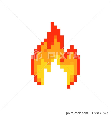 Mosaic pixel art flame icon in classic retro style with bold, bright colors and simple detail 128831824
