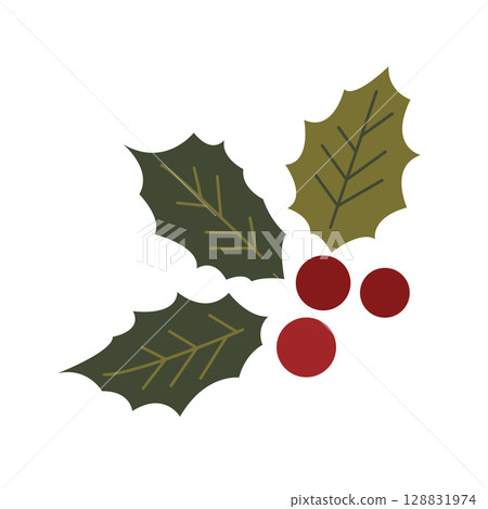 Holly berries with green leaves (Ilex aquifolium). Red winter berry, symbol of Christmas and New Year decor. Stylized flat vector illustration. European Christmas berry for seasonal autumn and winter Holly berries with green leaves (Ilex aquifolium). Red winter berry, symbol of Christmas and New Year decor. Stylized flat vector illustration. European Christmas berry for seasonal autumn and winter 128831974