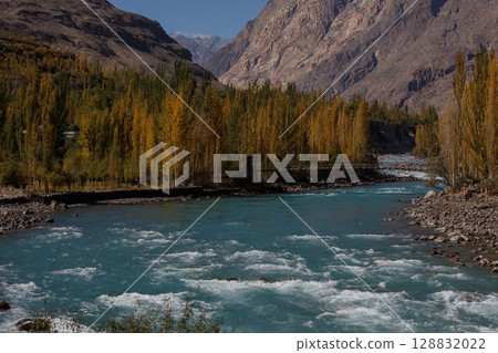 The autumn scenery with Hindu Kush mountain range in the background is very beautiful, Gahkuch,northern Pakistan. 128832022