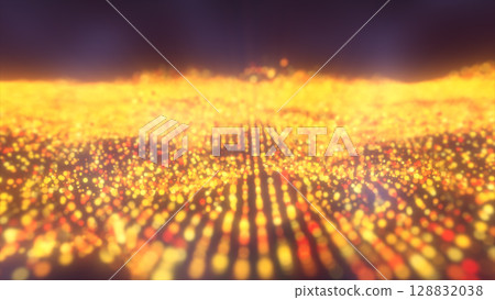 Abstract glowing field of golden-orange light particles forming dynamic waves over a dark background 128832038