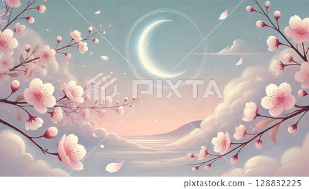 A serene and fantastical spring night scene with a thin crescent moon floating above a sea of clouds with pale pink cherry blossoms dancing in the air. 128832225
