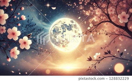 夜空中閃耀的圓月和飄落的櫻花在春天的夜晚營造出夢幻而舒緩的幻想風景。 夜空中閃耀的圓月和飄落的櫻花在春天的夜晚營造出夢幻而舒緩的幻想風景。 128832229