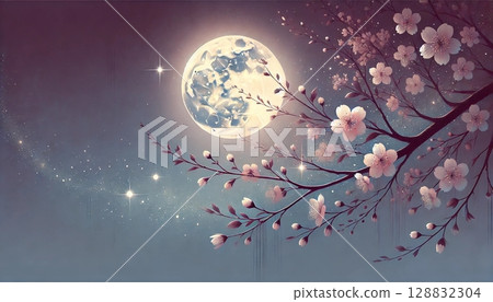 A beautiful spring dreamscape illustration with a night sky illuminated by the light of the full moon and the fantastic silhouettes of cherry blossoms. 128832304