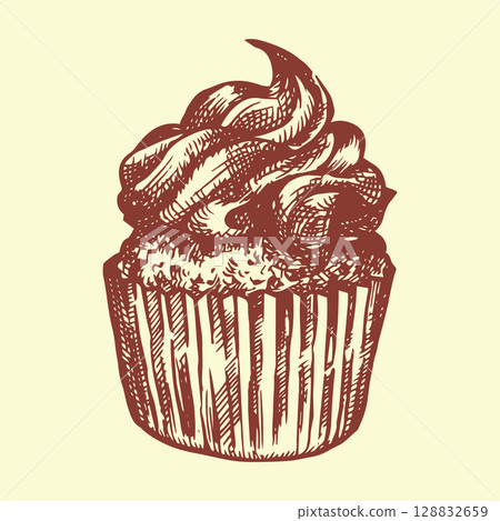 chocolate cupcake. vector illustration in vintage sketch style 128832659