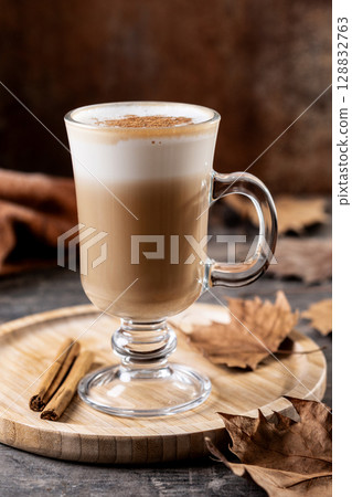 Maple Latte with Cinnamon in Glass Mug Maple Latte with Cinnamon in Glass Mug 128832763
