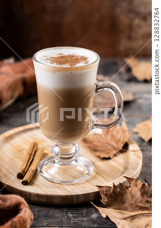 Maple Latte with Cinnamon in Glass Mug Maple Latte with Cinnamon in Glass Mug 128832764