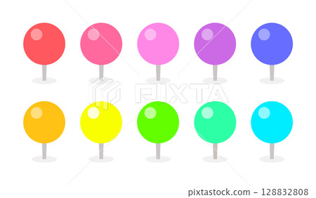 Colorful round pin, pushpin, and pin icon set - Simple and cute mark and marker illustrations 128832808