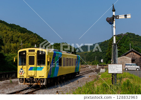 Heisei Chikuho Railway 400 series train departing Yusubara Station, which has semaphore signals Heisei Chikuho Railway 400 series train departing Yusubara Station, which has semaphore signals 128832963