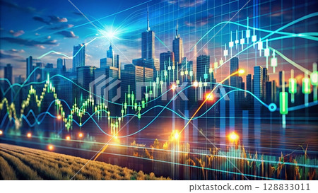 Cityscape of Success: A vibrant cityscape with soaring skyscrapers is overlaid with dynamic stock market charts, symbolizing financial growth and the potential of urban development. Cityscape of Success: A vibrant cityscape with soaring skyscrapers is overlaid with dynamic stock market charts, symbolizing financial growth and the potential of urban development. 128833011