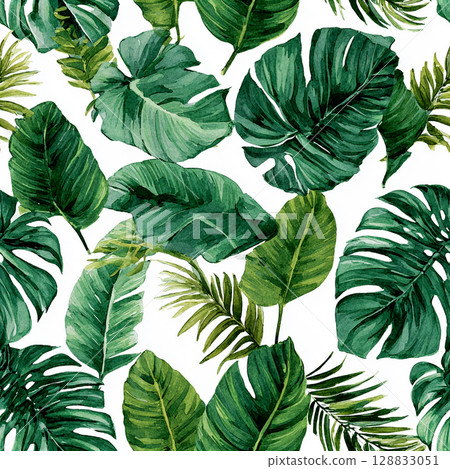 Seamless Tropical Watercolor Pattern with Monstera, Banana Leaves, and Palm Fronds 128833051