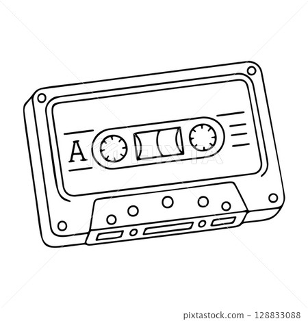 Audio cassette tape black and white icon clean line art, doodle style. Retro music 128833088