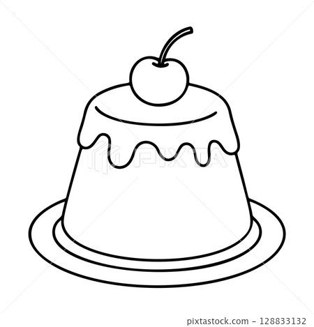 Pudding dessert topped with a cherry on plate black and white icon line art, doodle style 128833132