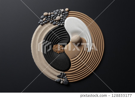 A serene and symmetrical zen garden design featuring yin yang symbol with intricate sand patterns, surrounded by gray pebbles on a dark background. 128833177