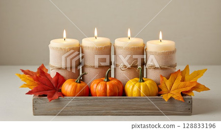 Autumn decoration with candles, pumpkins, and maple leaves on a rustic wooden tray. Fall holiday concept for Thanksgiving. 128833196