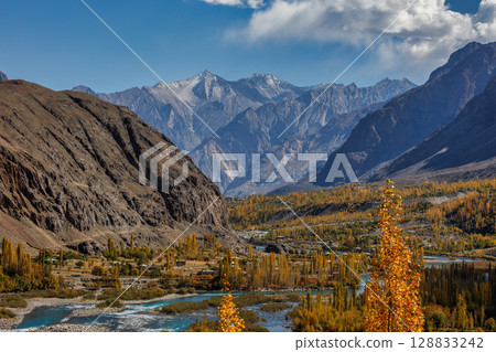 The autumn scenery with Hindu Kush mountain range in the background is very beautiful, Gahkuch,northern Pakistan. 128833242