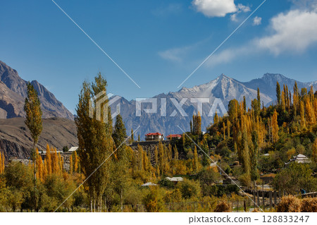 The autumn scenery with Hindu Kush mountain range in the background is very beautiful, Gahkuch,northern Pakistan. The autumn scenery with Hindu Kush mountain range in the background is very beautiful, Gahkuch,northern Pakistan. 128833247