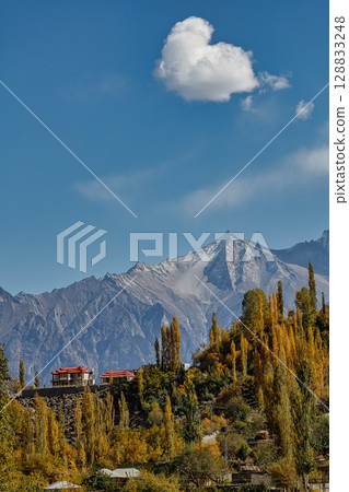 The autumn scenery with Hindu Kush mountain range in the background is very beautiful, Gahkuch,northern Pakistan. 128833248
