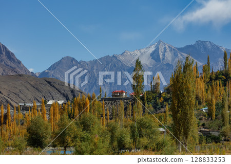 The autumn scenery with Hindu Kush mountain range in the background is very beautiful, Gahkuch,northern Pakistan. 128833253
