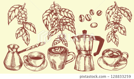 Set with coffee, beans, drinks, coffee maker. Vector illustration in vintage sketch style 128833259