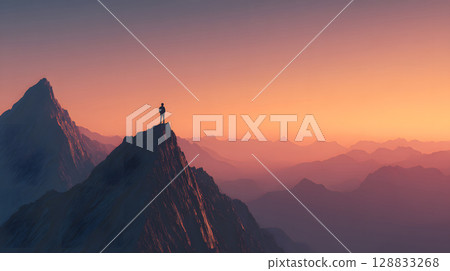 A person standing on a mountain peak during sunrise, representing the achievement of life goals and long-term vision in personal development. 128833268