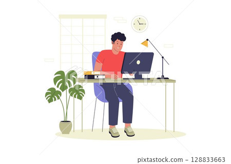 Man Working on Desktop Computer in Home Office 128833663