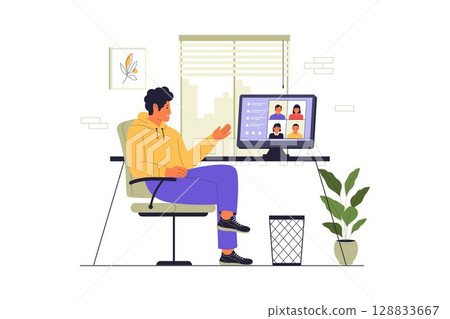 Man Doing Video Call in Home Office 128833667