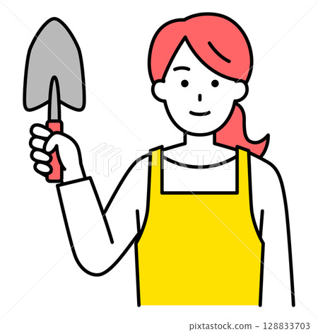 一名圍著圍裙、手拿鏟子的婦女 一名圍著圍裙、手拿鏟子的婦女 128833703