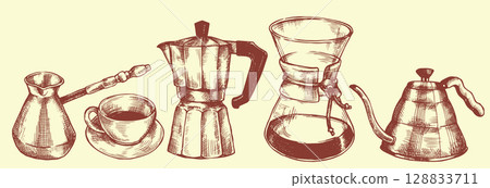 set with different coffee makers, coffee filter, cezve. vector illustration in vintage sketch style 128833711