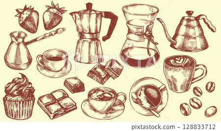 set with coffee, coffee maker, chocolate. vector illustration in vintage sketch style 128833712