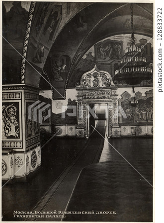 Moscow, Russia - circa 1954: View of the Pomegranate Chamber in the Grand Kremlin Palace in the Kremlin. Retro postcard. Inscriptions in Russian. Moscow, Russia - circa 1954: View of the Pomegranate Chamber in the Grand Kremlin Palace in the Kremlin. Retro postcard. Inscriptions in Russian. 128833722