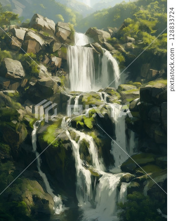A painting of a majestic waterfall, cascading down a rocky cliff 128833724